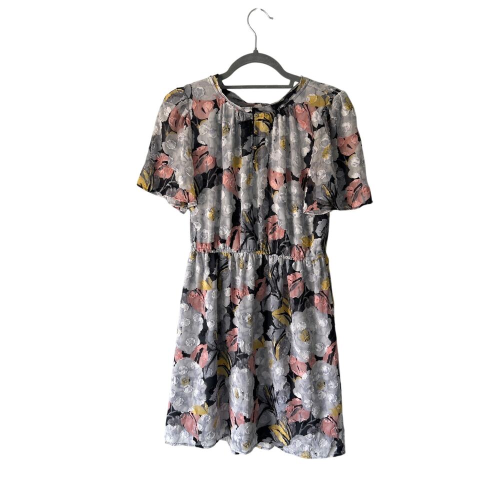 Loft Gray Floral Short Sleeve Embroidered Dots Dress Small